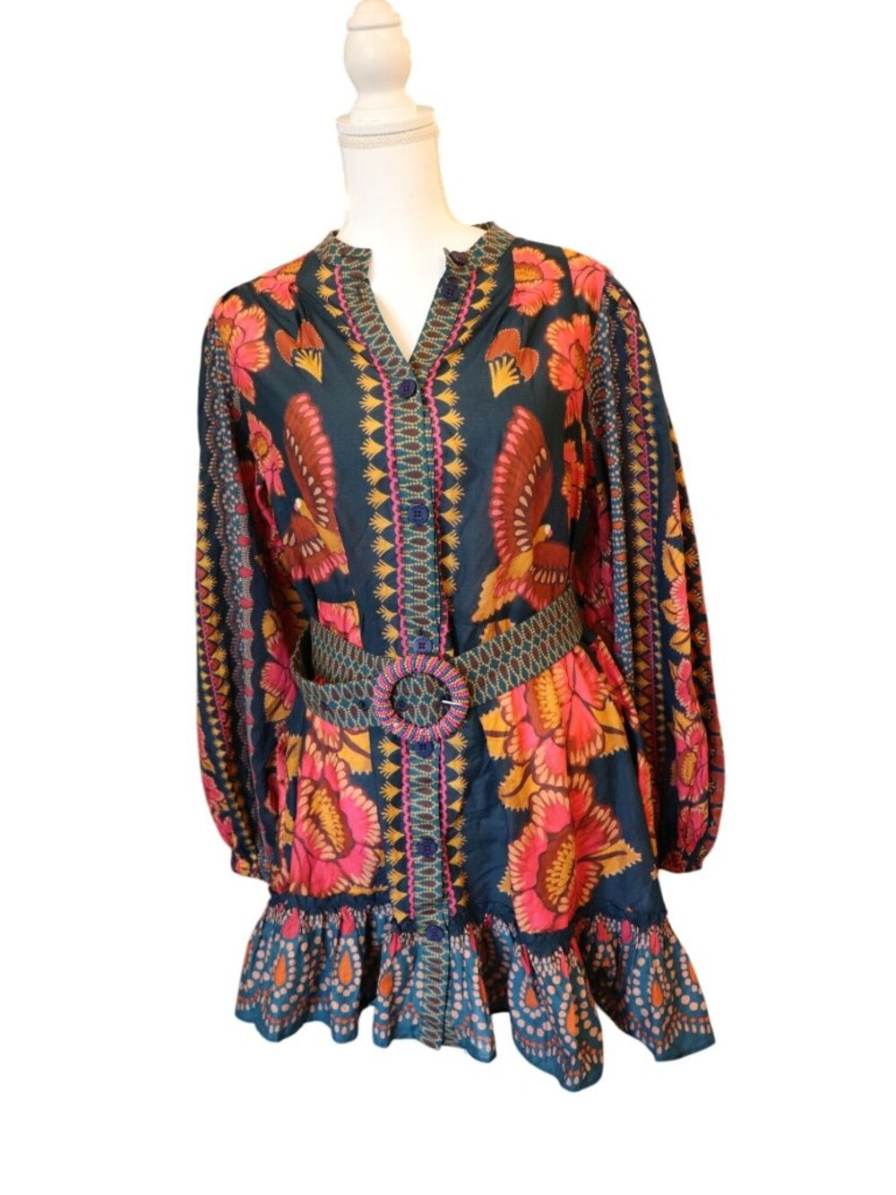 Farm Rio Ainika Sparkle Puff-Sleeve Cotton Mini Dress, Large NWOT